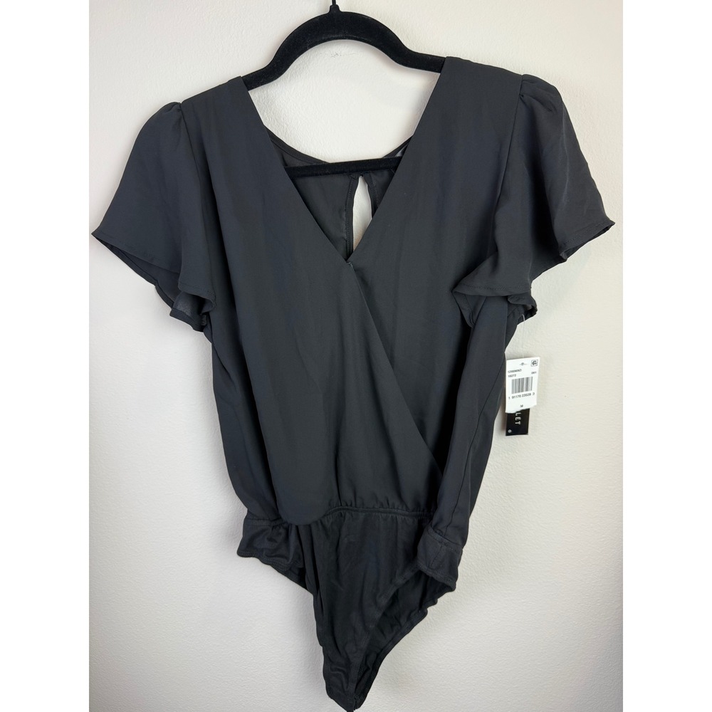Ash & Violet Womens Black Surplice V-Neck Flutter Sleeve Bodysuit Size M NEW